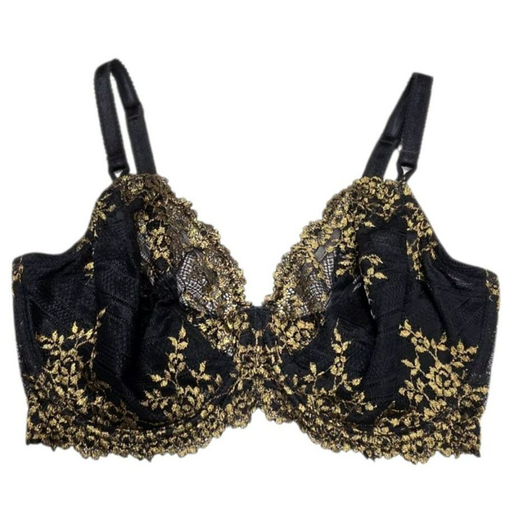 Wacoal Black & Gold Lace Underwire Bra 36DD Sexy Lingerie Floral Sheer 65191